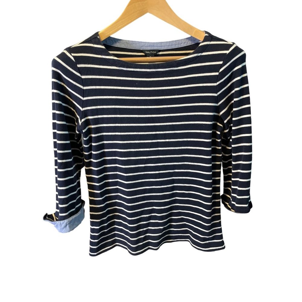 Nautica Navy Blue Boatneck Horizontal Stripe 3/4 Sleeve Pullover Top Sz M